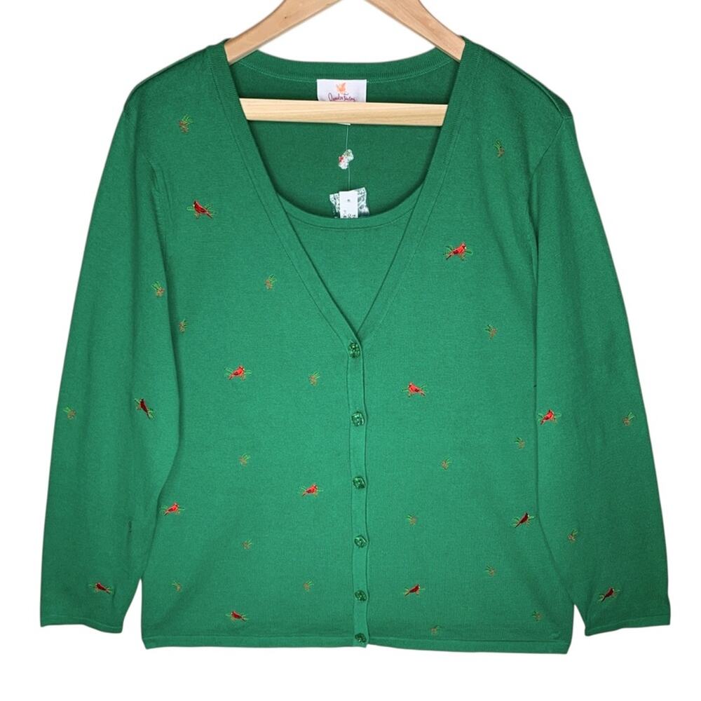 Quacker Factory Cardigan Attached Tank XL NWT Green Red Cardinal Birds 2-In-1